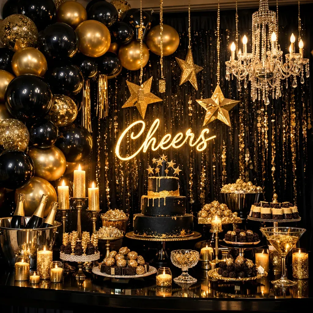Gold and black themed party decor