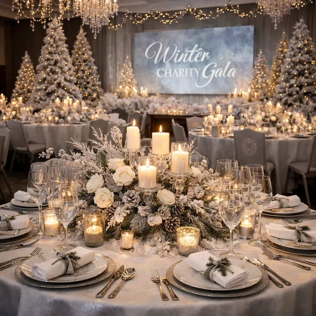 Elegant winter themed charity dinner setup