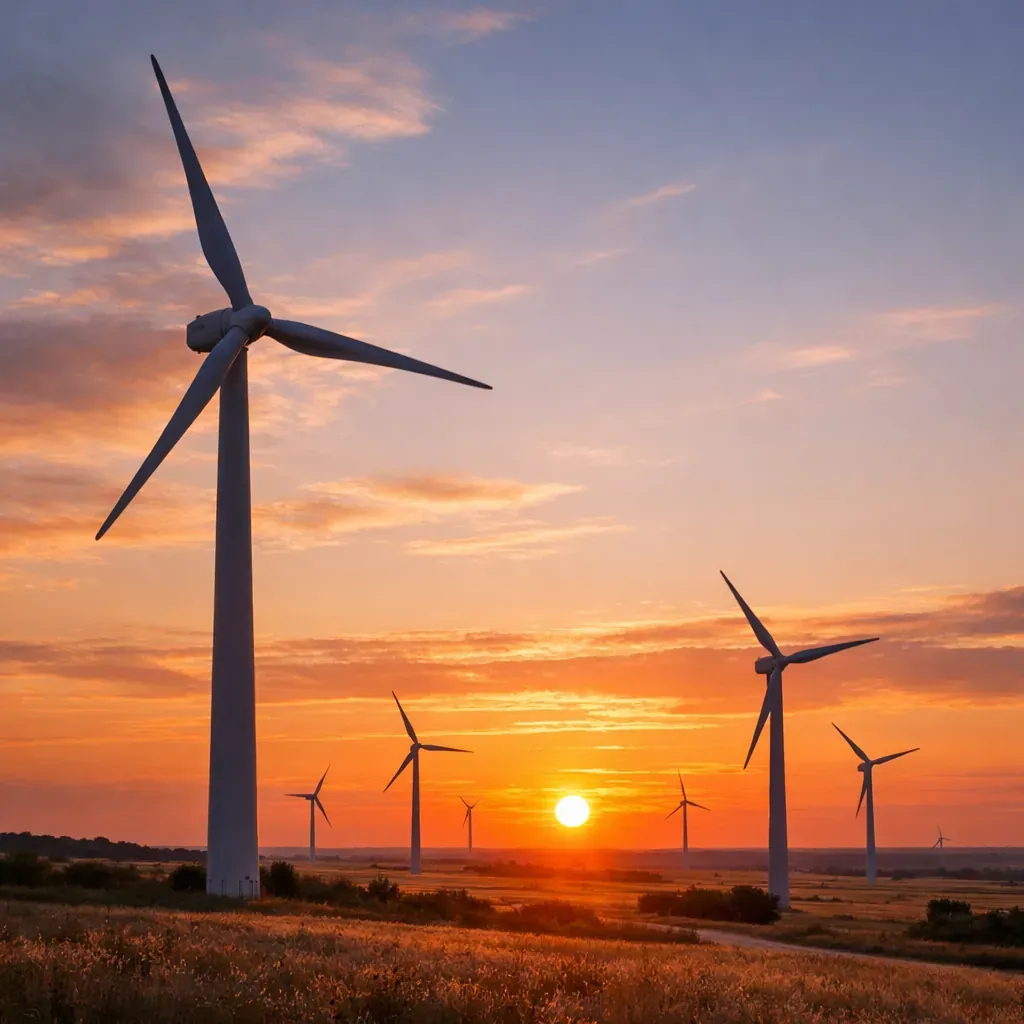 Wind turbines at sunset representing renewable energy