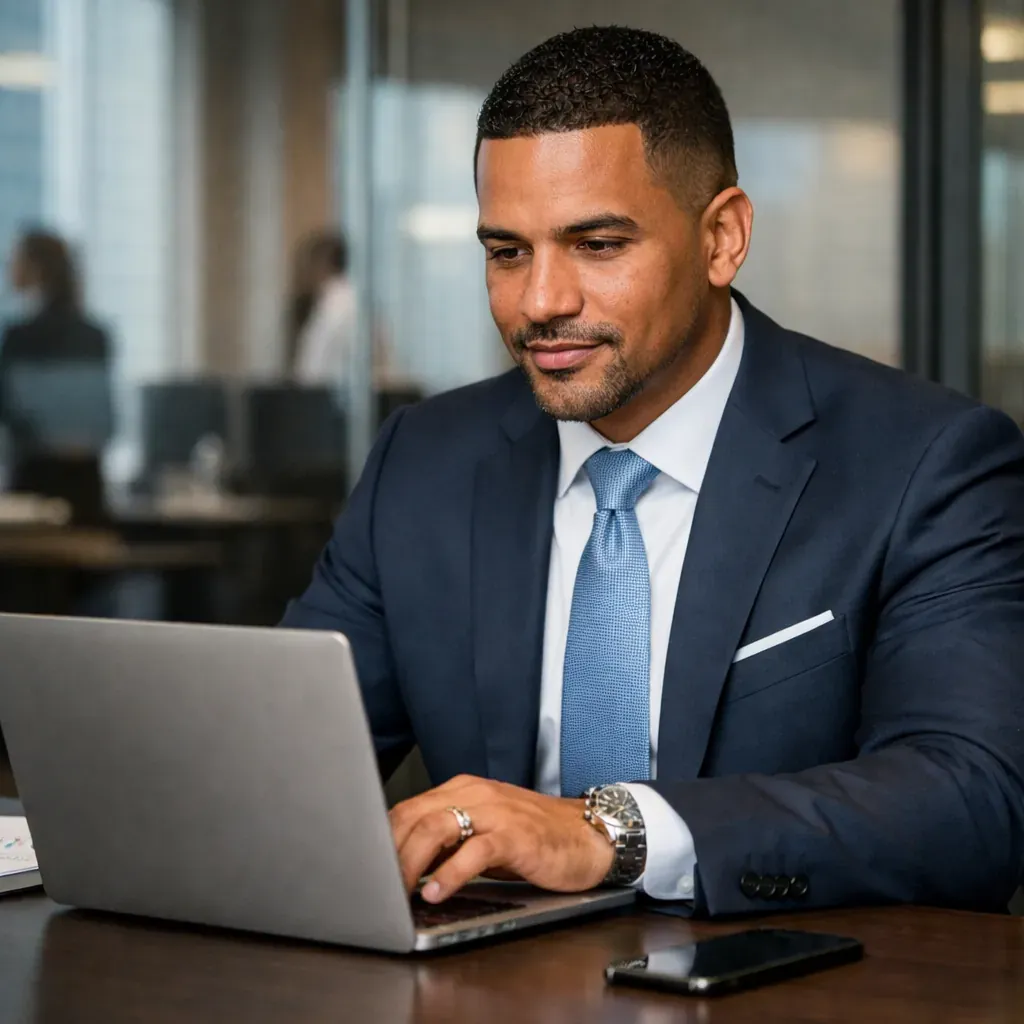 Julian Vance Financial Strategist working on laptop in corporate setting