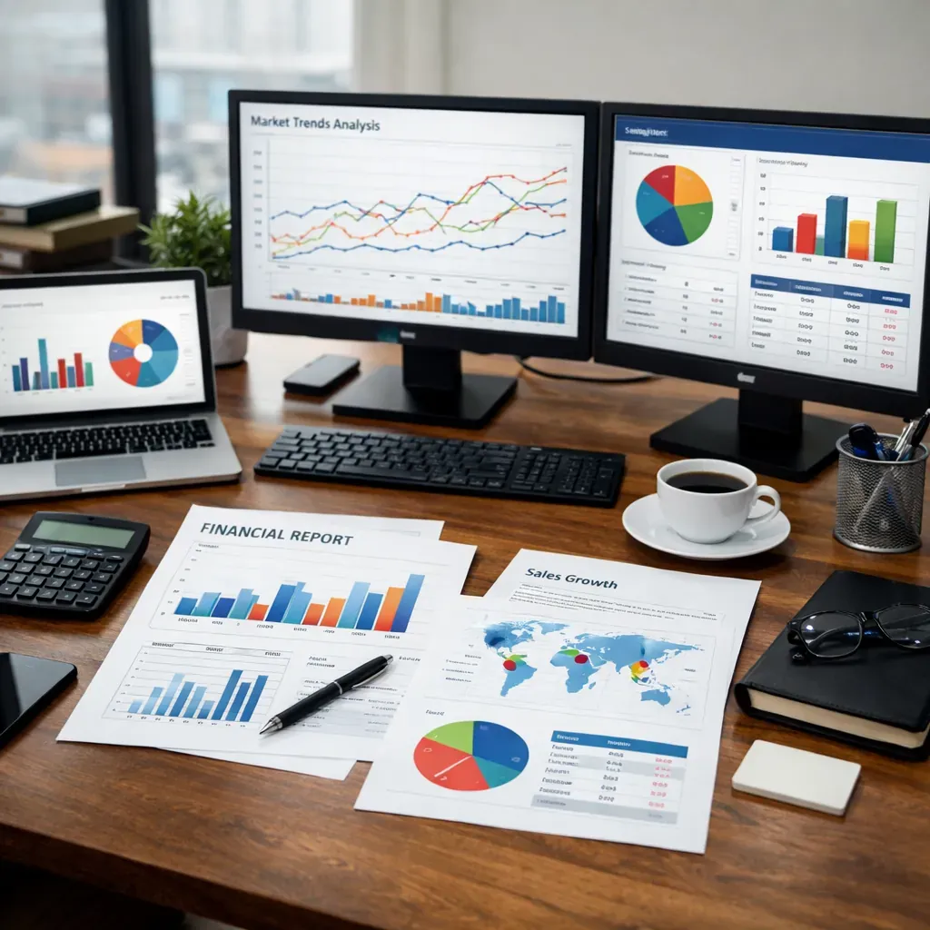 Professional workspace with charts and analytics