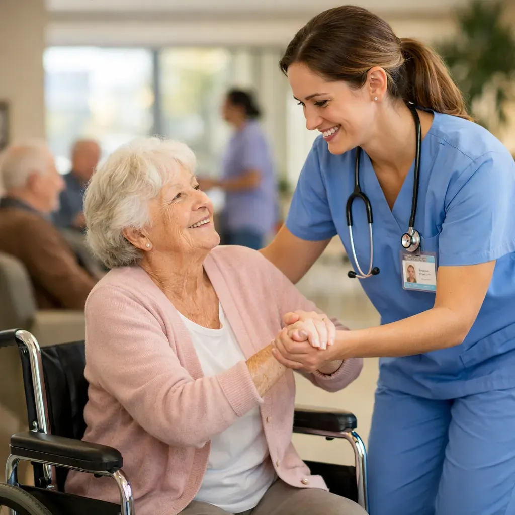 Elder care facility professional assisting patient