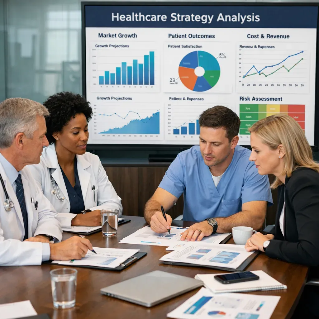 Healthcare professionals reviewing strategic data in a boardroom