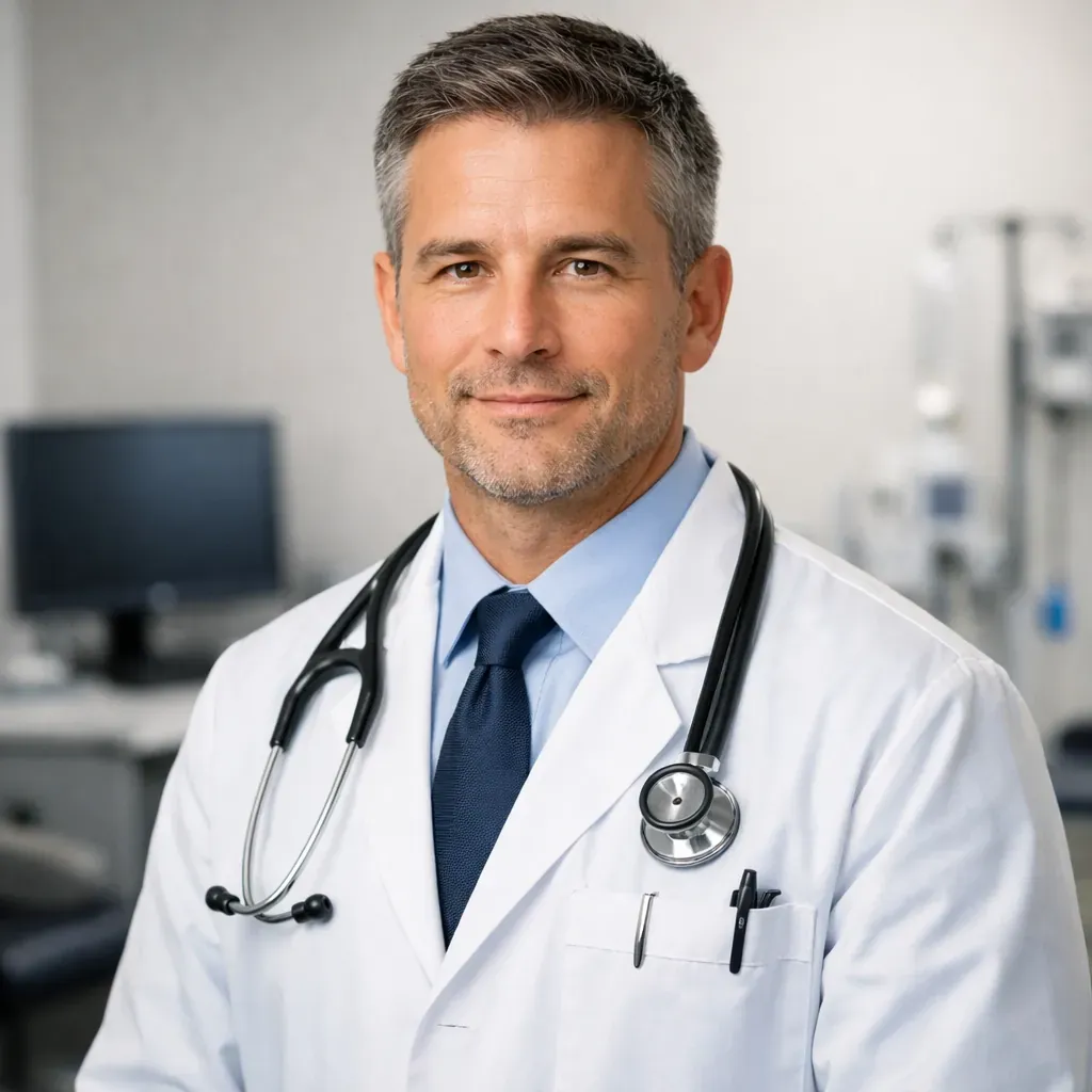 Professional portrait of a male doctor in clinical attire