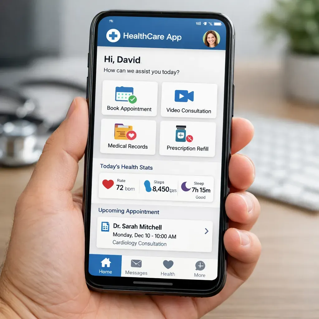 Mobile phone showing a healthcare application interface