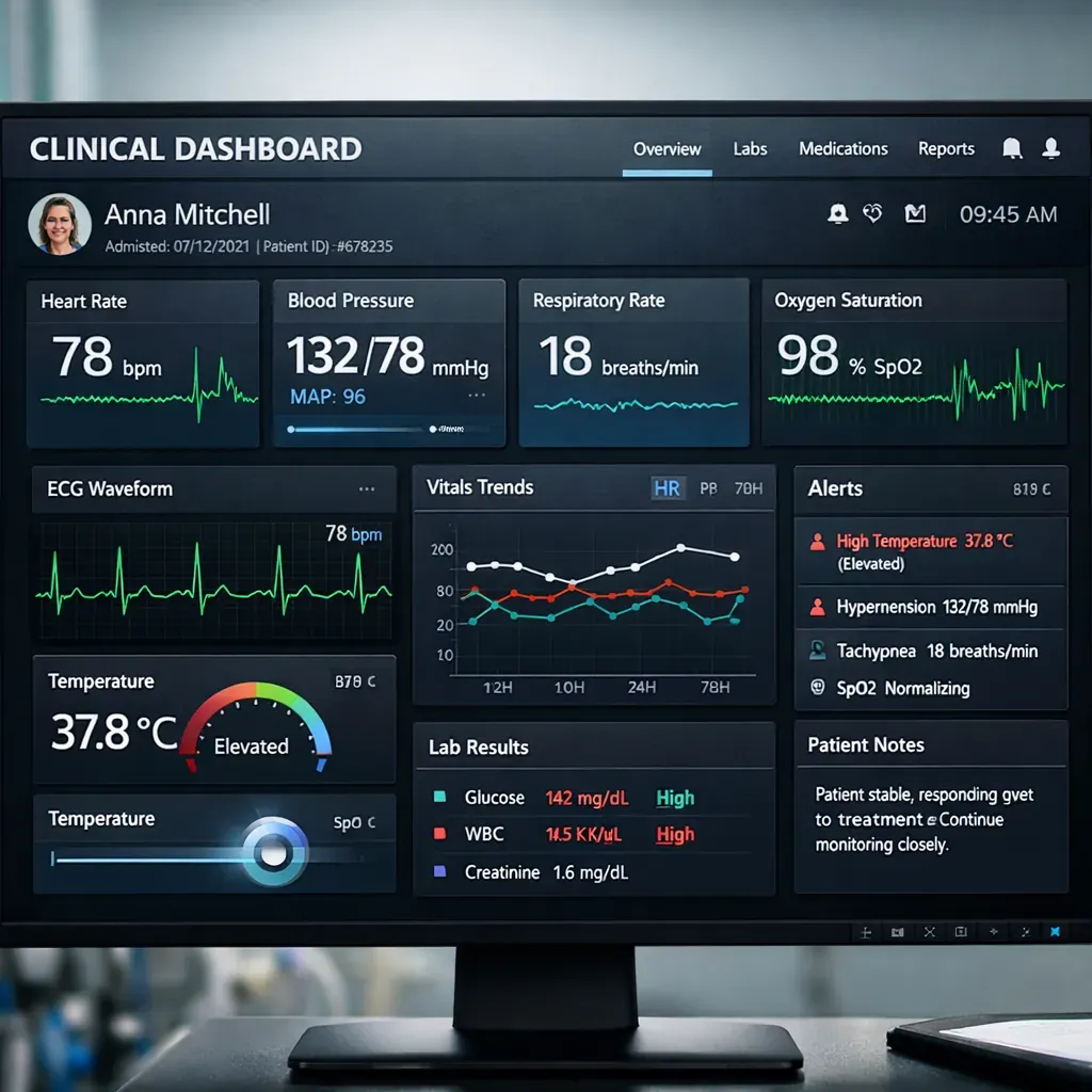 Modern clinical dashboard interface showing vital statistics
