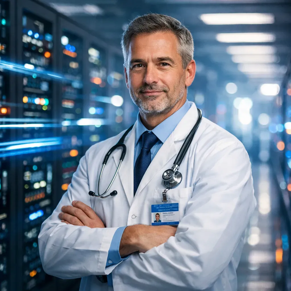 Medical professional in server room abstract
