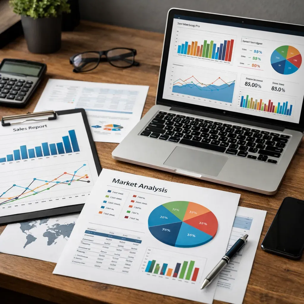 Data charts and laptop on a desk