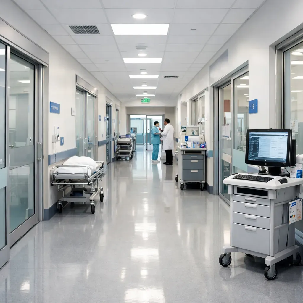 Bright modern hospital corridor representing clinical efficiency
