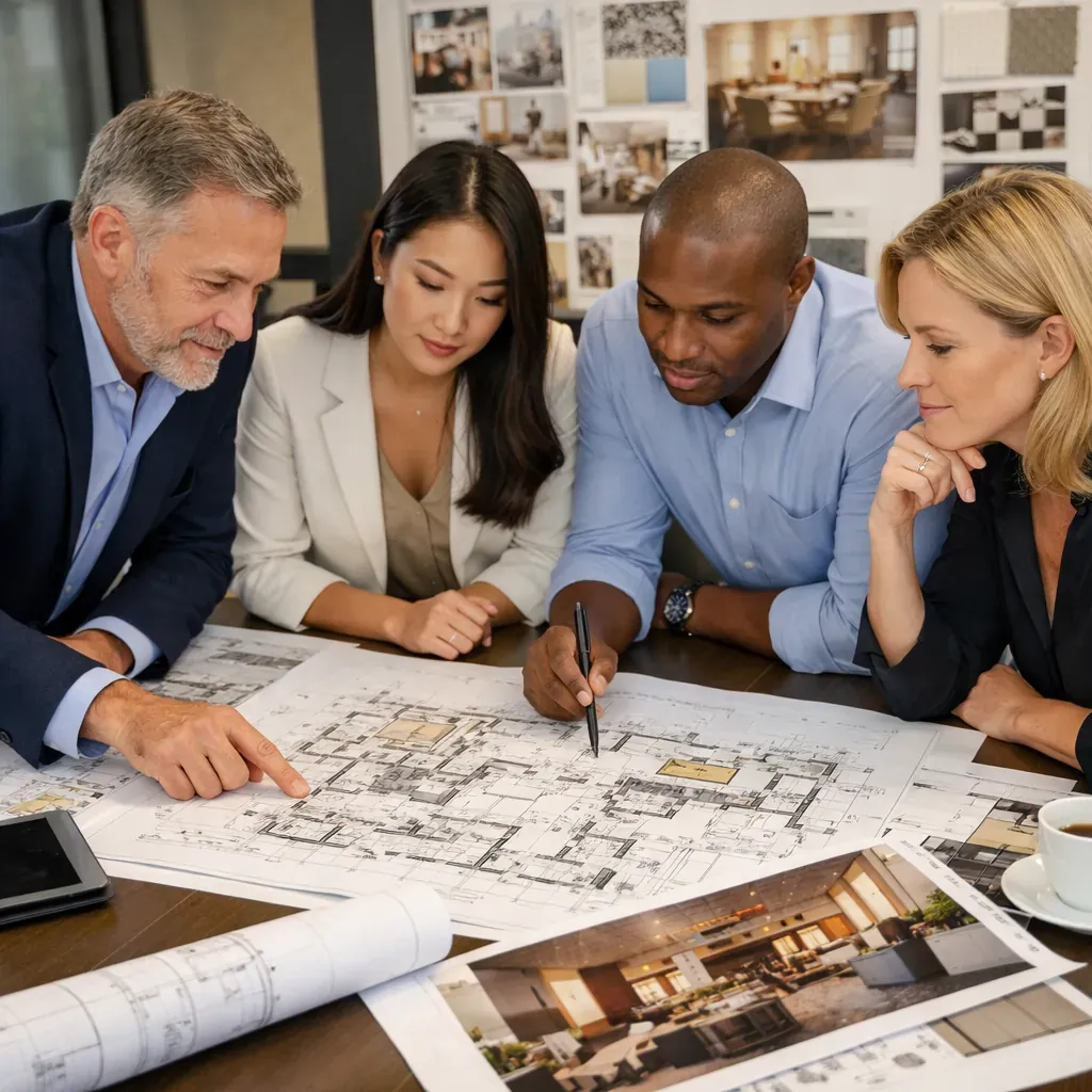 Professional team reviewing hospitality blueprints