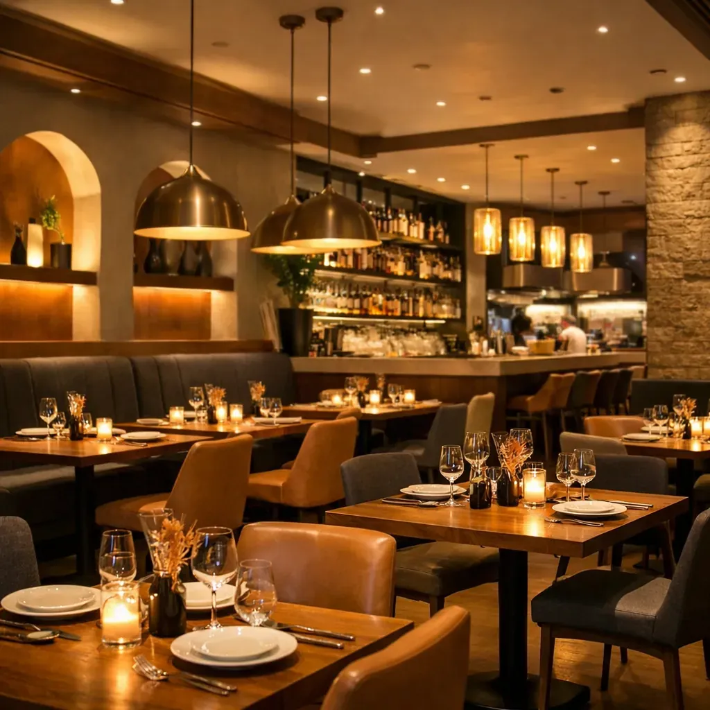Modern restaurant interior with warm lighting