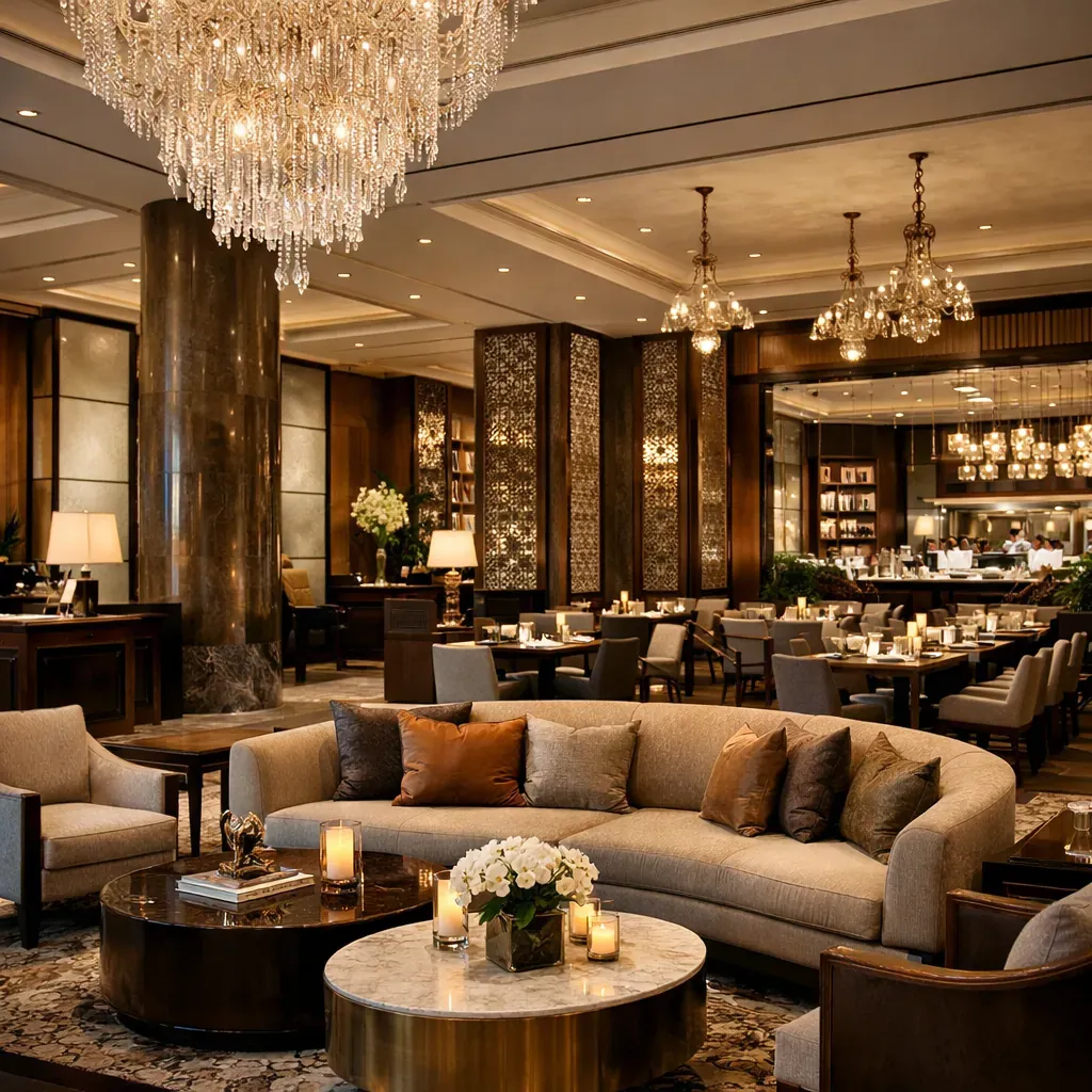 Luxury hotel lobby and dining area