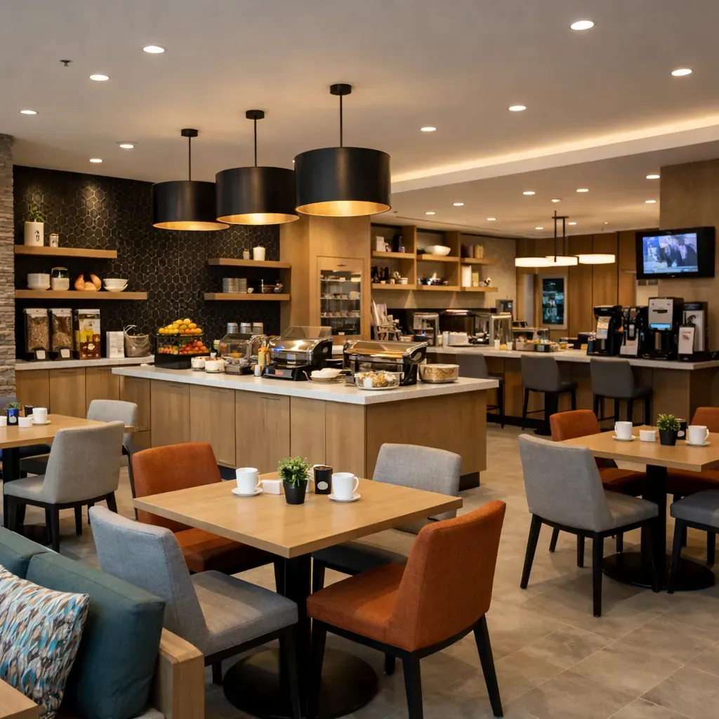 Modern hotel lobby breakfast area