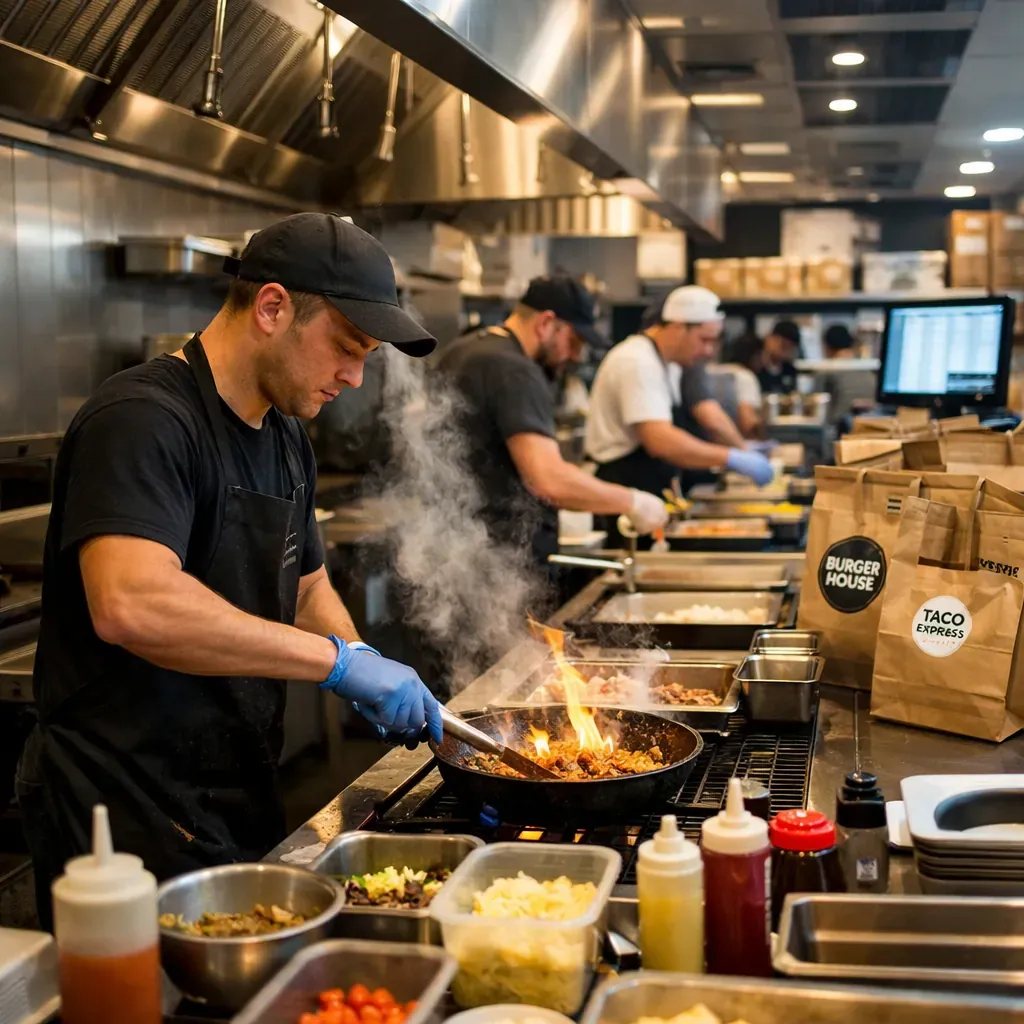 Busy commercial kitchen line operating ghost kitchens