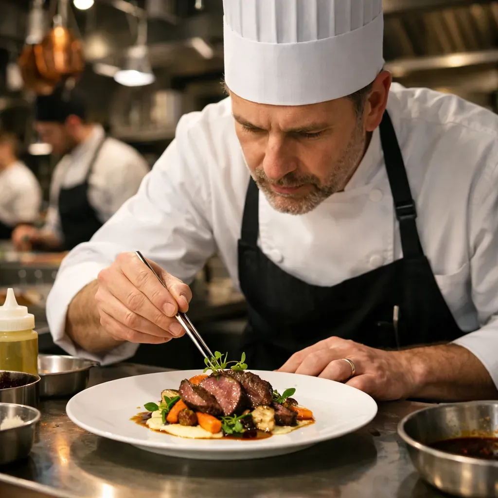 Chef plating a high end dish in a busy kitchen