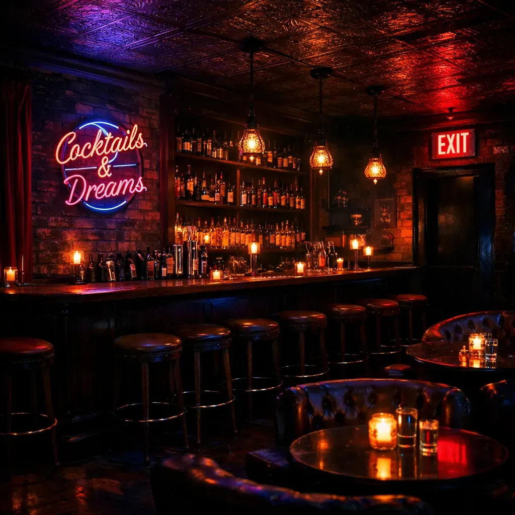 Dark moody speakeasy interior with neon lighting