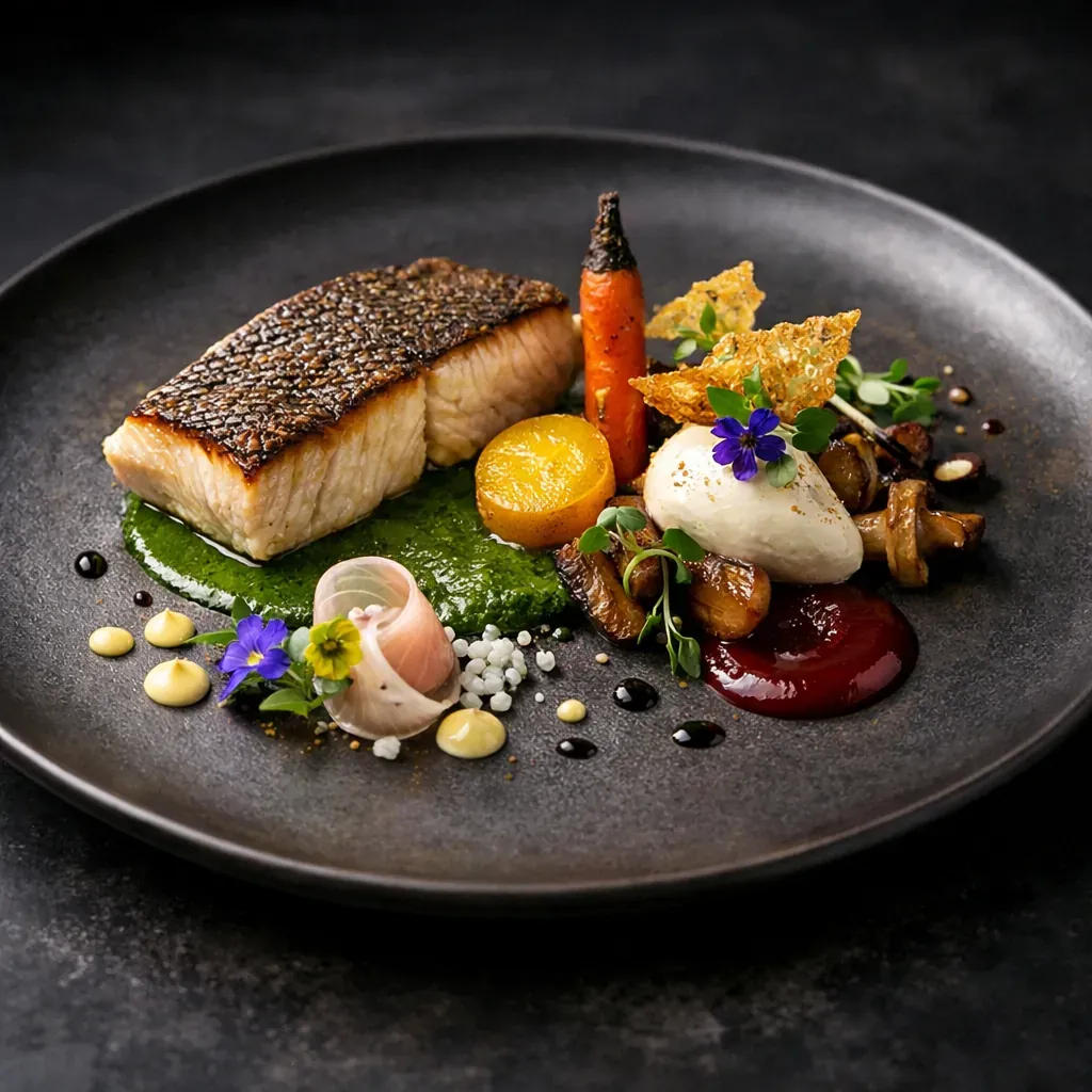 Modern plated gastronomic dish on dark background