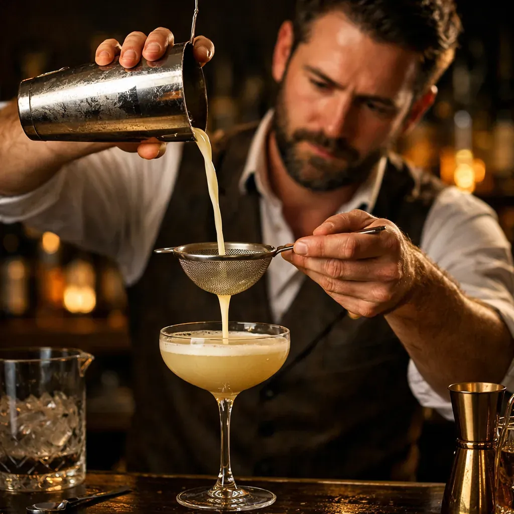 Bartender pouring a cocktail in dim lighting
