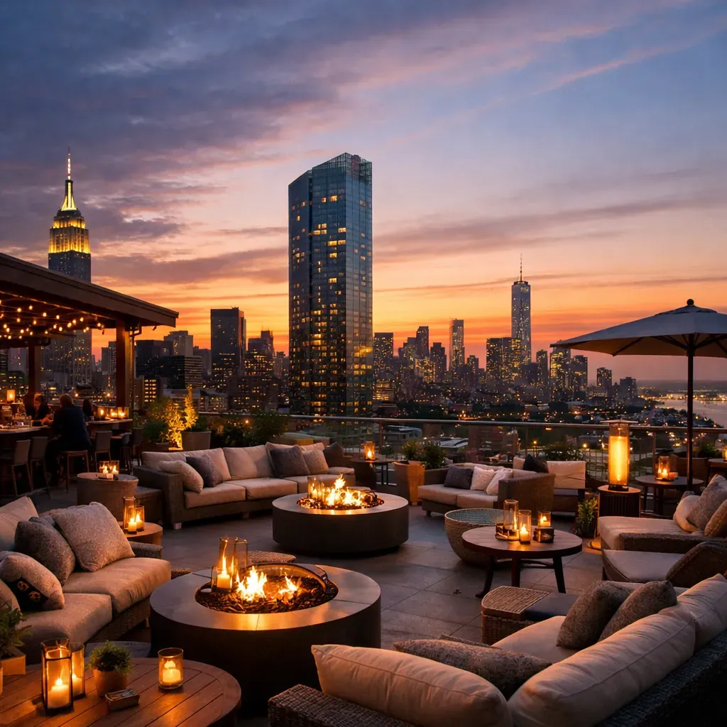 Rooftop lounge with city view at sunset
