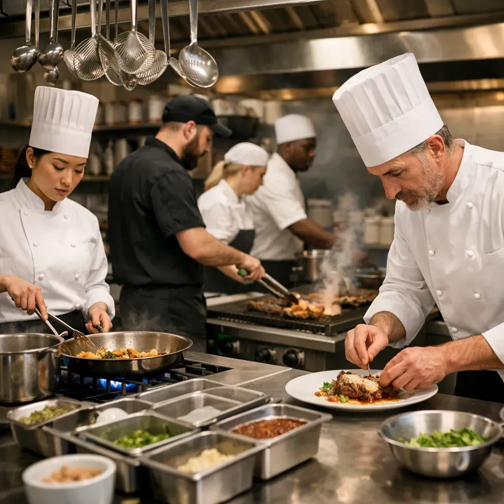 Restaurant kitchen staff working