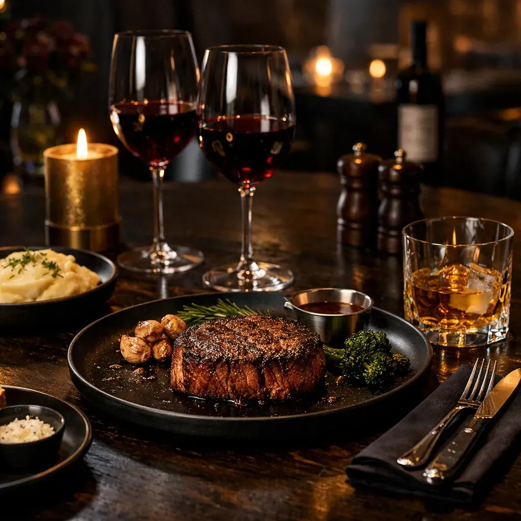 Moody fine dining steakhouse table setup