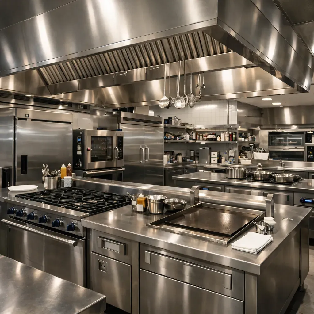 Sleek stainless steel commercial kitchen