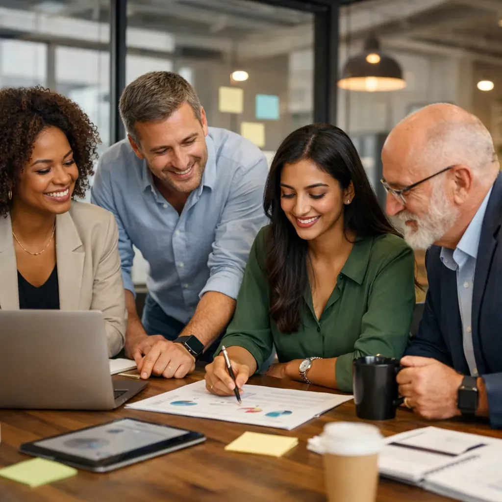 Diverse professionals collaborating in a modern workspace