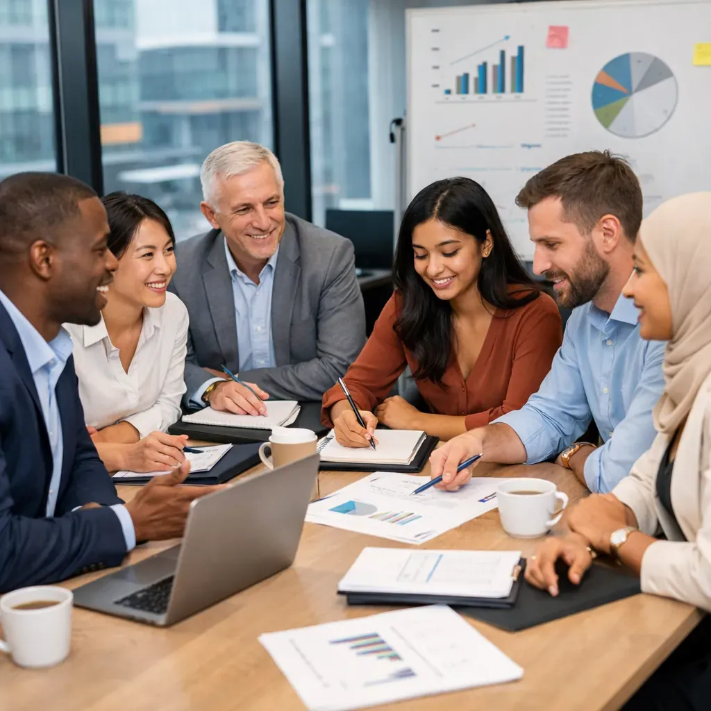 Diverse professionals in a meeting room collaborating