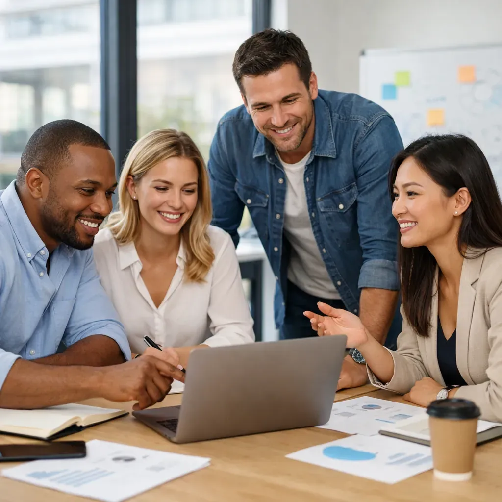 Team collaborating in a bright office space