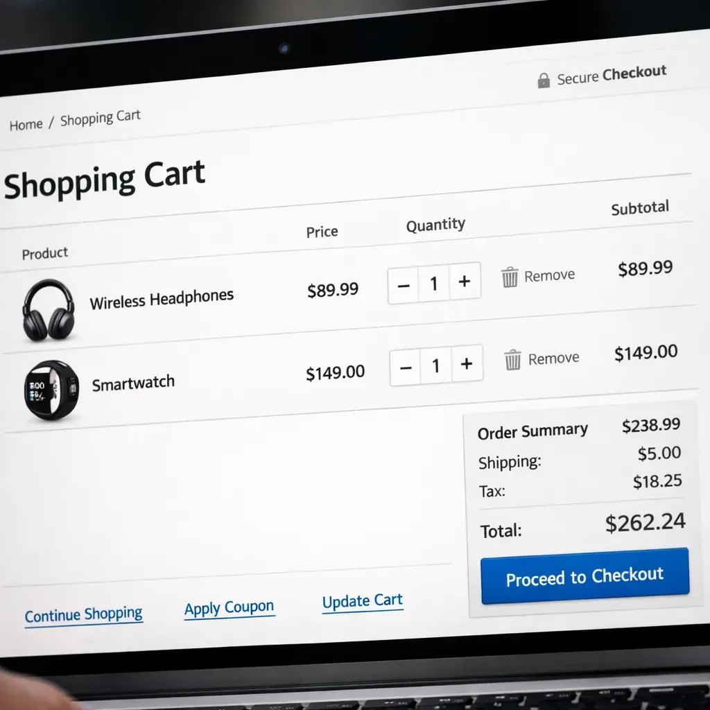 E-commerce shopping cart interface on a screen