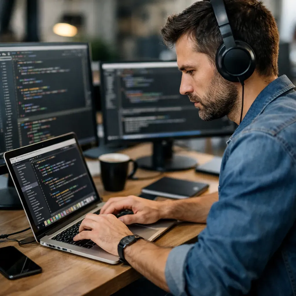 Developer coding on laptop