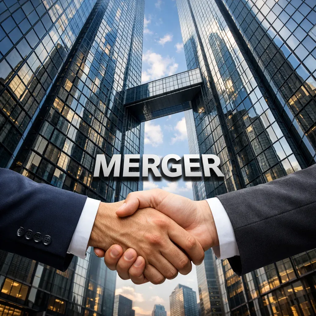 Glass skyscrapers indicating corporate merger