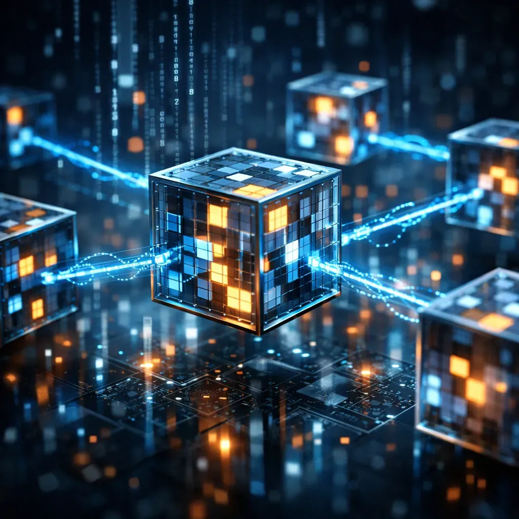 Abstract 3D rendering of digital blocks representing blockchain