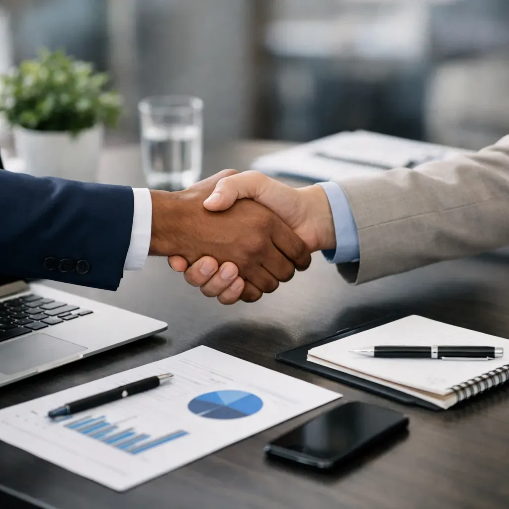 People shaking hands over a modern desk