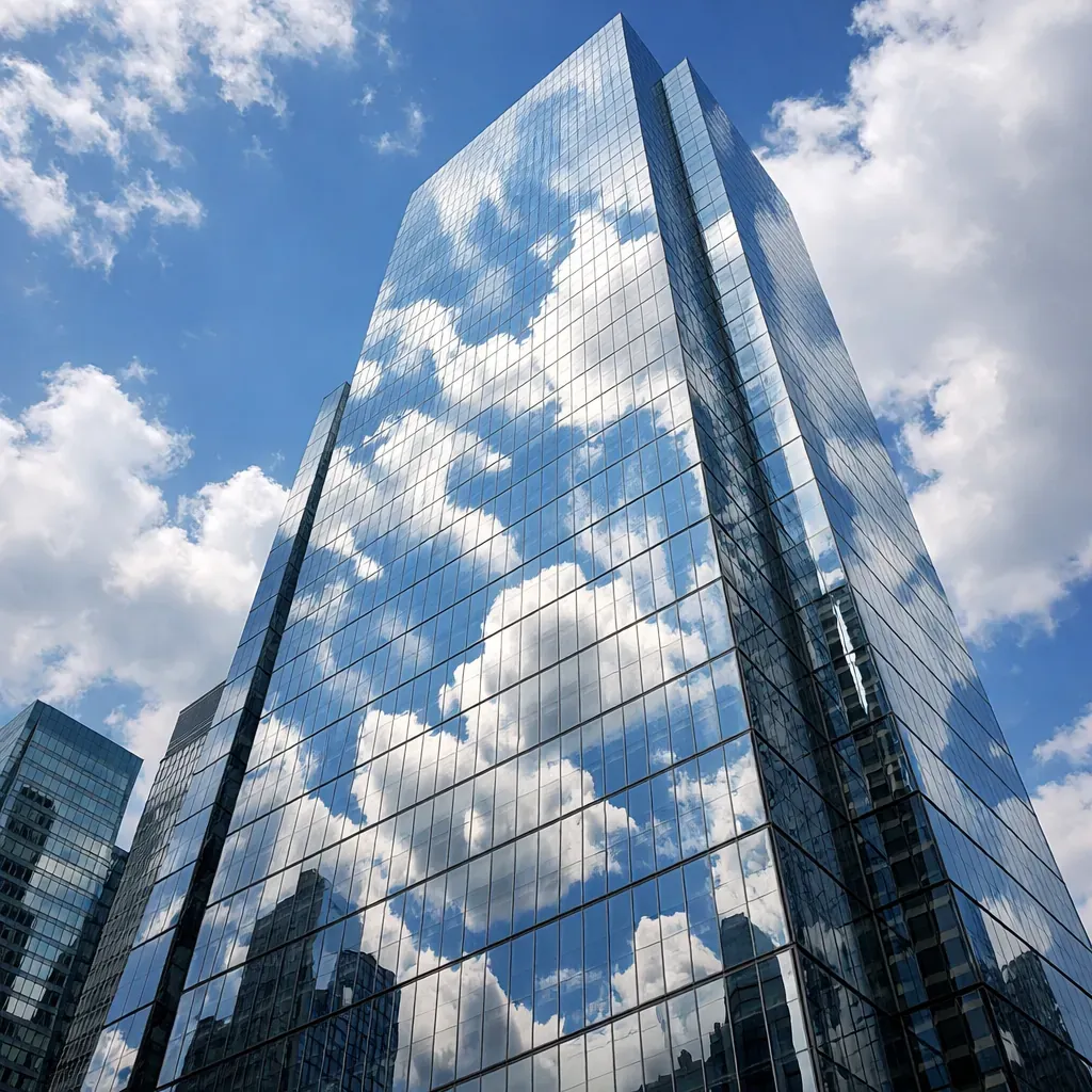 Modern corporate skyscraper reflecting clouds