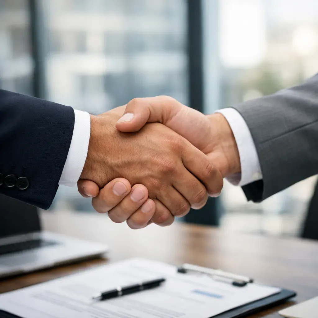 Business handshake over table