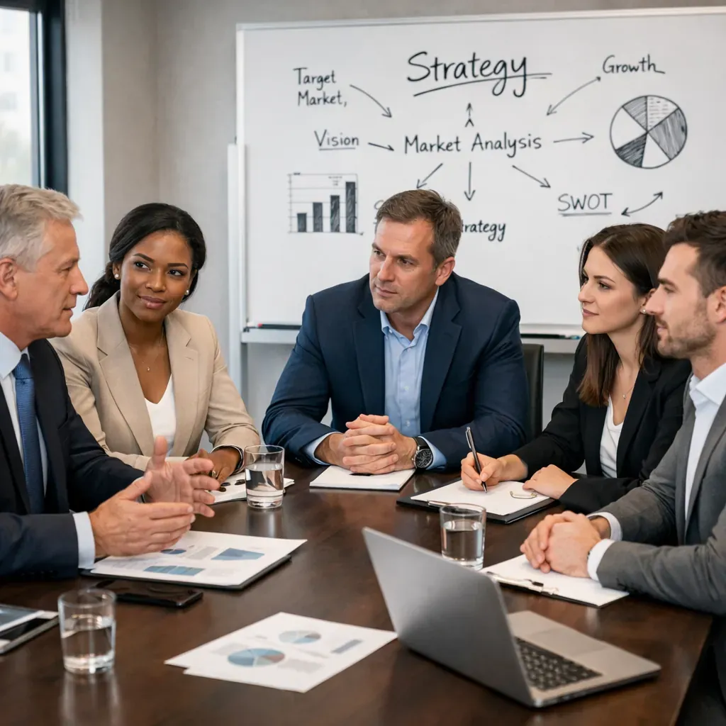 Corporate professionals in a strategy meeting
