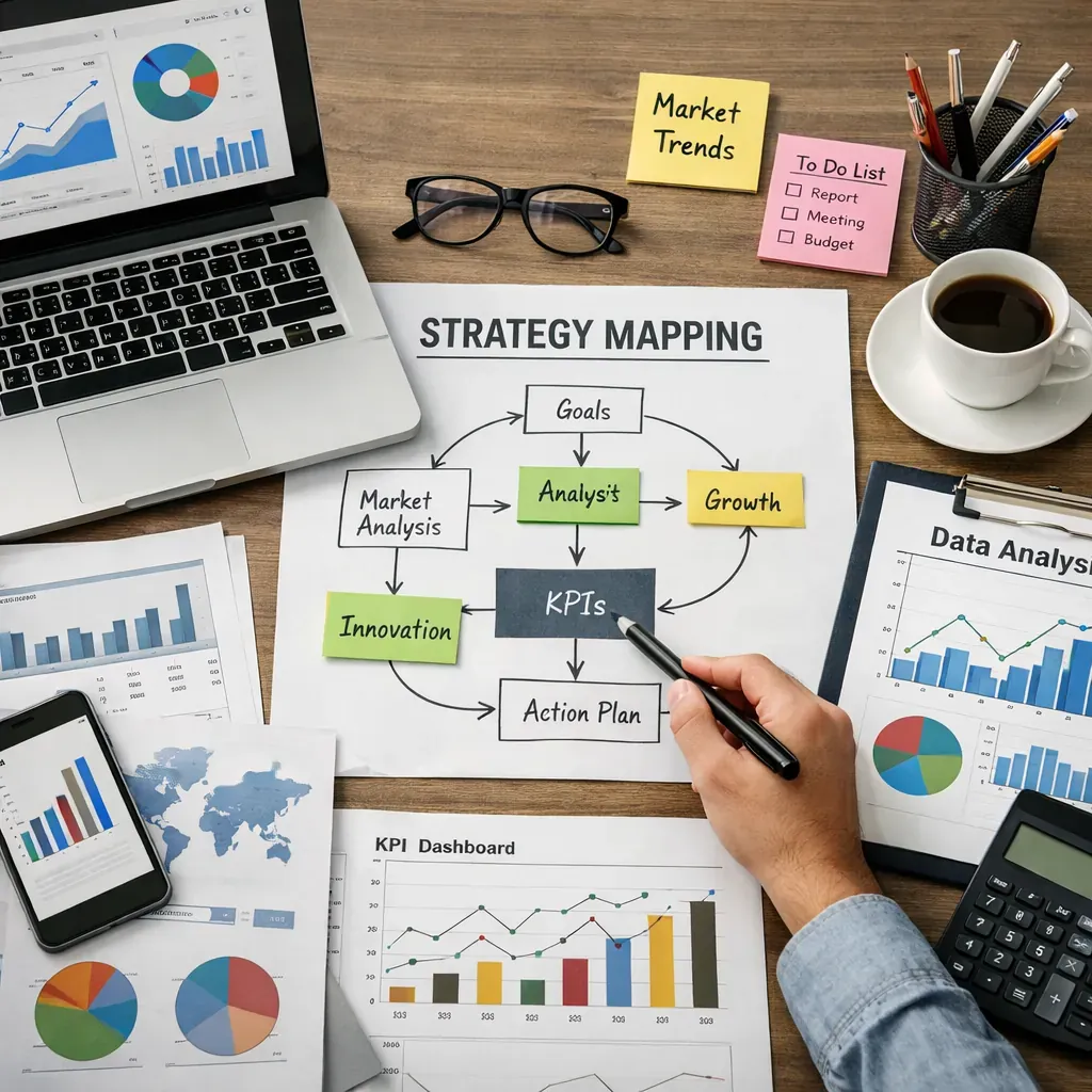 Data analysis and strategy mapping on a desk