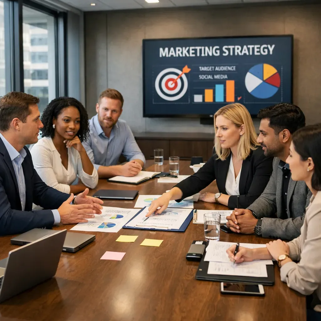 Marketing professionals strategizing in a modern boardroom