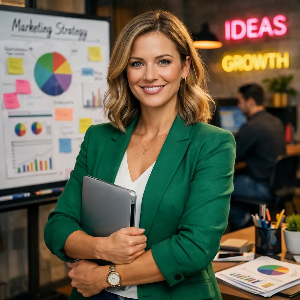 Professional portrait of a marketing strategist in a vibrant setting
