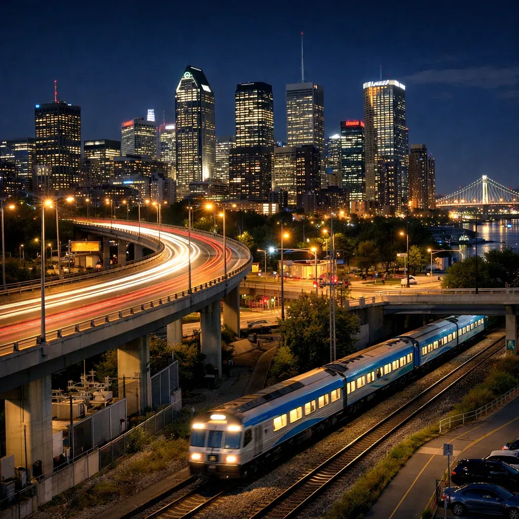 Nighttime cityscape showing local infrastructure