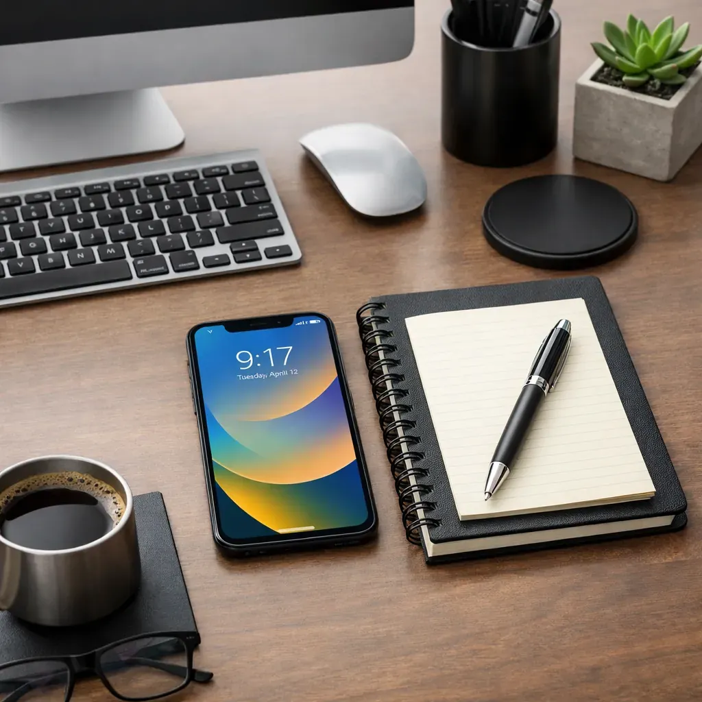 Modern office desk setup with smartphone and notebook