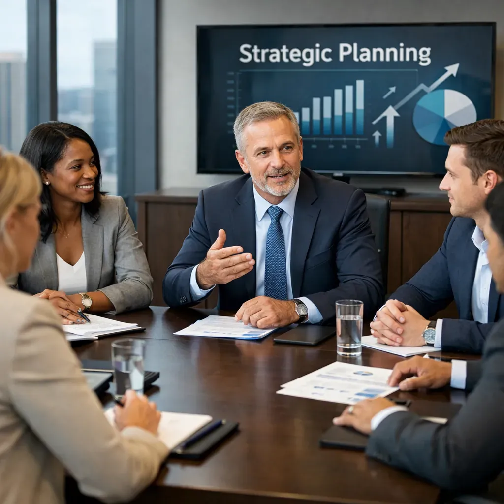 Corporate professionals in a strategy meeting