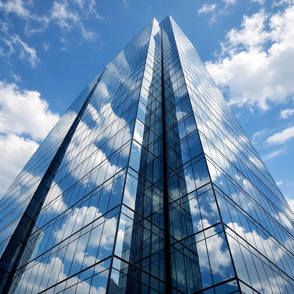 Modern corporate skyscraper reflecting sky