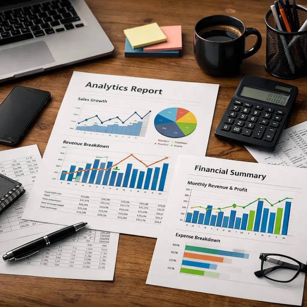 Analytics and financial charts on a desk