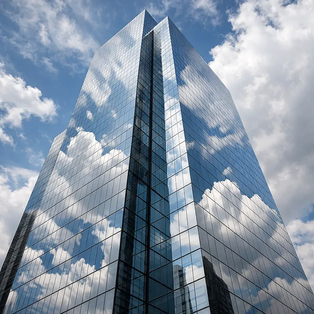 Modern corporate skyscraper reflecting clouds