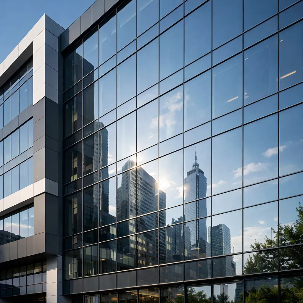 Modern commercial building facade with glass reflection