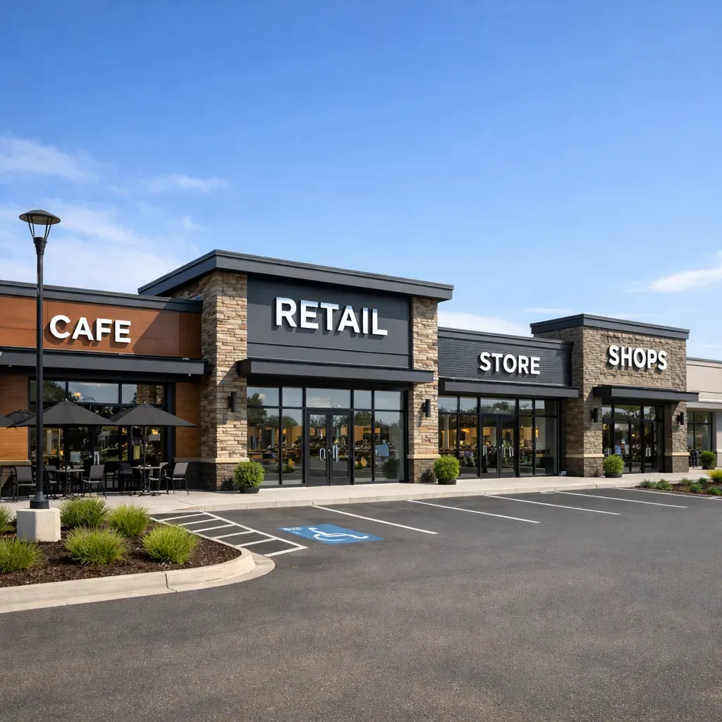 Exterior of a modern commercial retail plaza