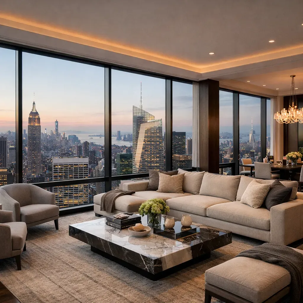 High rise luxury apartment interior overlooking city