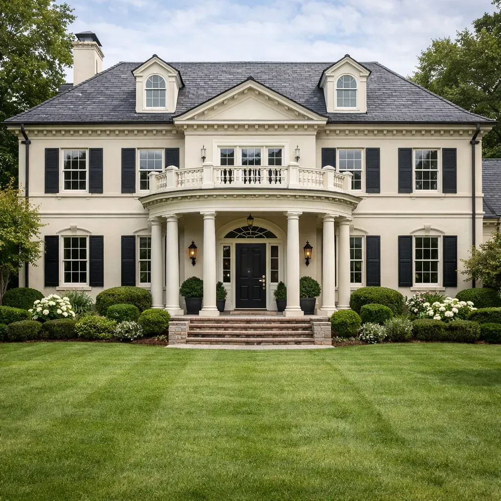 Classic elegant house facade with green lawn